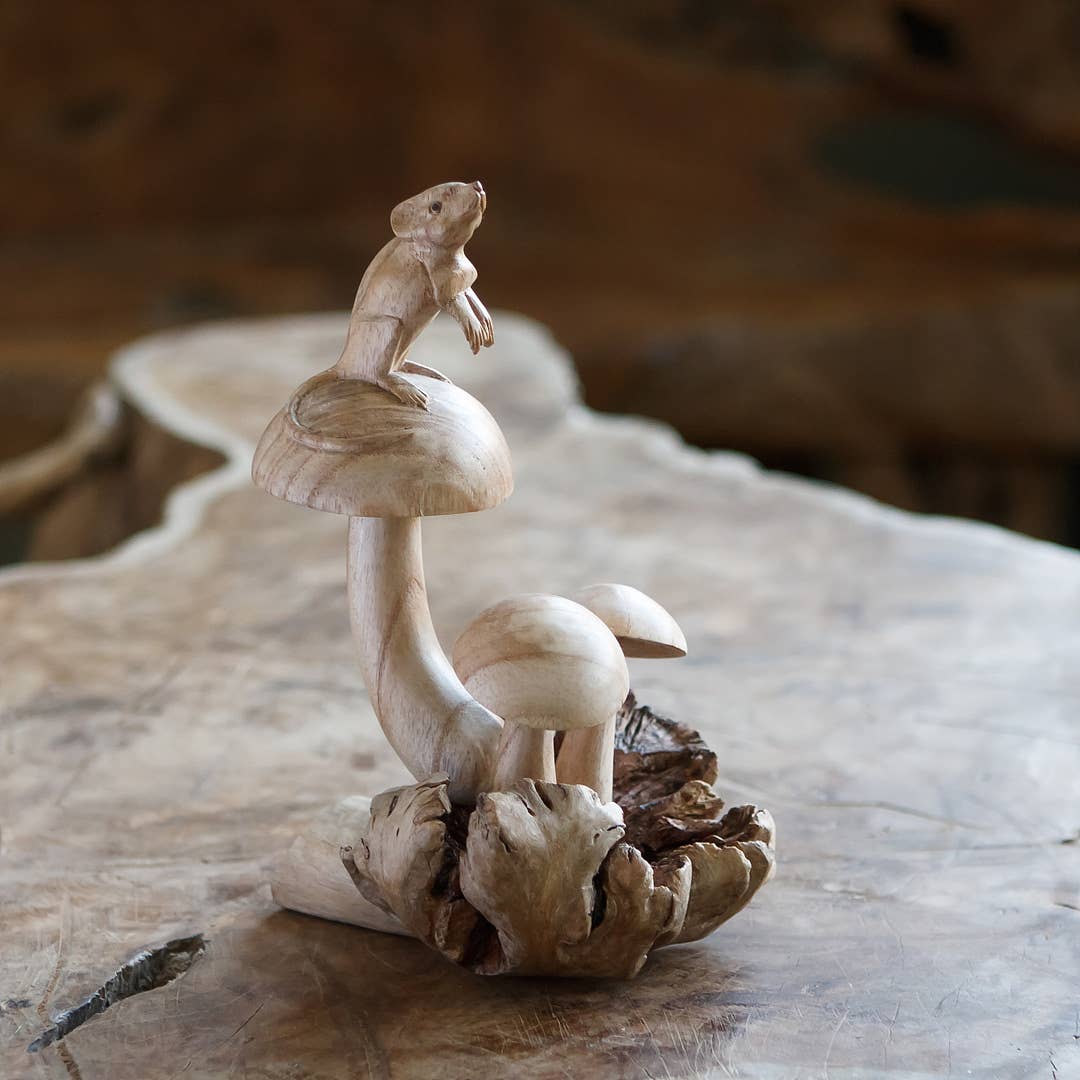 Parasite Wood Hand Carved Figurine - Mouse on Mushrooms