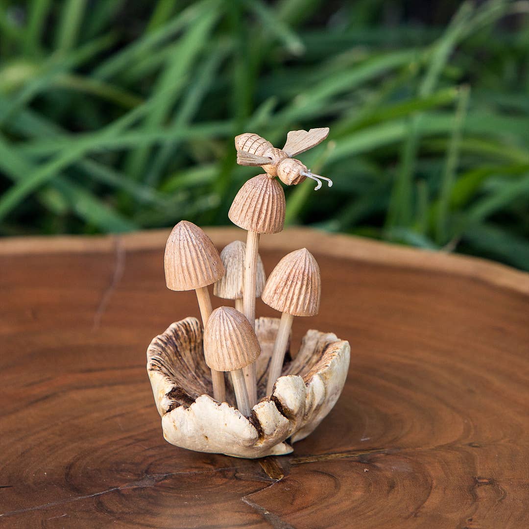 Parasite Wood Hand Carved Figurine - Bee on Mushrooms