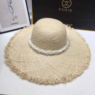WA181 Natural straw hat with pearls in Beige